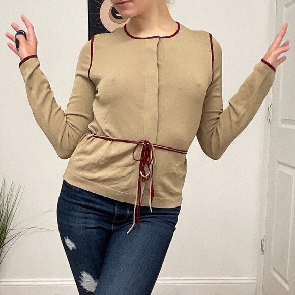 White + Warren Crew Neck Button-Up Cardigan Sweater Tie-Waist Size S Tan - Picture 5 of 15